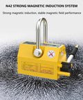 Heavy Duty Permanent Magnet Lifter With Quick Release Handle For 6600 Pound Steel Plates And Round Bar Hoist Tool positioned above magnetic field.