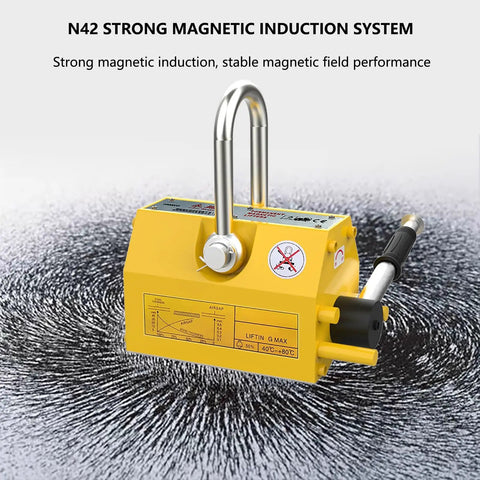 Heavy Duty Permanent Magnet Lifter With Quick Release Handle For 6600 Pound Steel Plates And Round Bar Hoist Tool positioned above magnetic field.