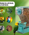 Slick Gravity Feed Bird Feeder Two Pack Clear Acrylic Seed Jar With Hassle Free Drop System And Easy Rinse Basin Keeps Cage Spotless For Budgies And Lovebirds In Bright Blue with small birds.
