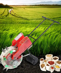 Hand Push Roller Seeder Spreader For Lawn And Garden With 14 Hole Row Seed Planter displayed in a field with seeds.