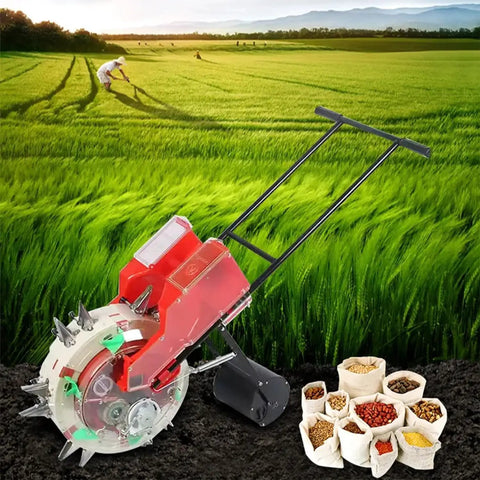 Hand Push Roller Seeder Spreader For Lawn And Garden With 14 Hole Row Seed Planter displayed in a field with seeds.