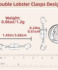 Magnetic Necklace Clasp Set With Double Lobster Clasps, shown with dimensions and a US dime for size comparison.