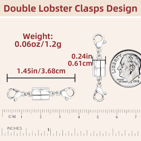 Magnetic Necklace Clasp Set With Double Lobster Clasps, shown with dimensions and a US dime for size comparison.