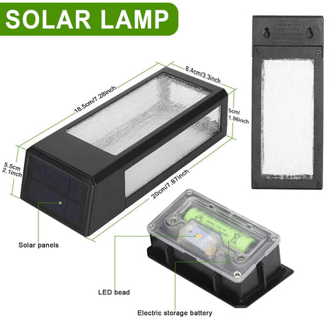 4 Pack Solar Fence Lights Outdoor Waterproof Aluminum Frosted Glass Post And Wall Lamps for yard, porch, garage with dimensions.