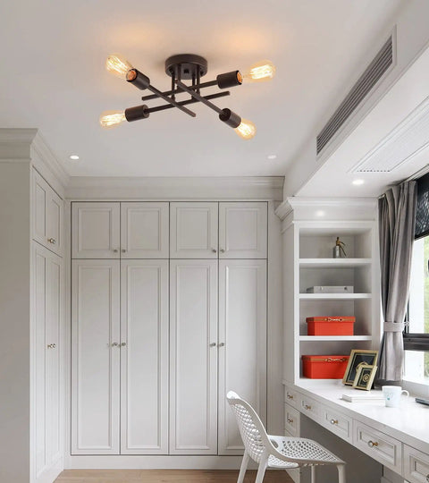 Four Light Black Semi Flush Mount Ceiling Light With Industrial Mid Century Vibe For Hallway Bathroom Bedroom Kitchen Dining Room Porch And Laundry UL Listed installed in a modern room