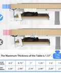 Slick Under Desk Keyboard Tray With Heavy Duty C Clamp Mount, Game Changing Ergonomic Pull Out Platform For Rapid Typing And Mouse Control, Light Wood Finish To Clear Your Whole Desk Setup, showing table thickness compatibility.