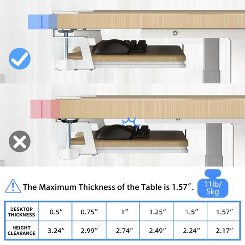 Slick Under Desk Keyboard Tray With Heavy Duty C Clamp Mount, Game Changing Ergonomic Pull Out Platform For Rapid Typing And Mouse Control, Light Wood Finish To Clear Your Whole Desk Setup, showing table thickness compatibility.