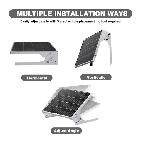 Adjustable Solar Panel Tilt Mount with Stainless Steel brackets for 20W to 30W panels, showing multiple installation angles.
