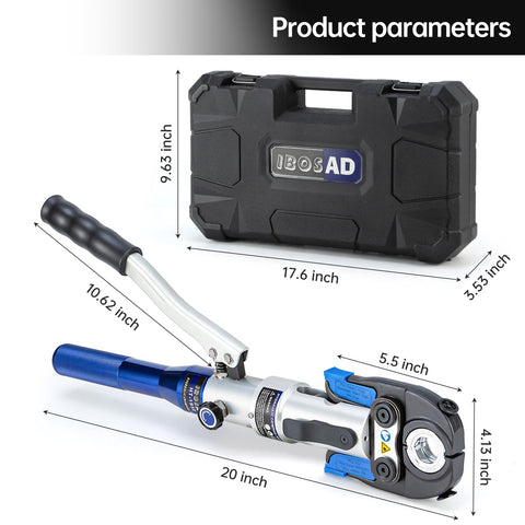 Portable Hydraulic Copper Pipe Crimping Tool With 1/2 3/4 And 1 Inch Jaw Sets, 350 Degree Rotatable Head, carrying case