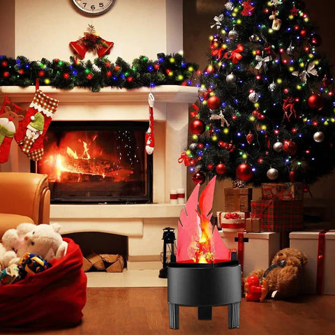 3D LED Fake Campfire Flame Light With Realistic Flicker near Christmas tree and fireplace, adding indoor campfire ambiance