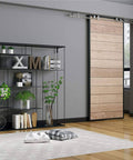 6Ft Stainless Steel Flat Roller Ceiling Mount Sliding Barn Door Hardware Kit Built Tough For 1 3 Eighth To 1 3 Fourth Inch Doors Heavy Duty Track System With Two Flat Rollers, Two Stoppers, Two 3Ft Tracks, Track Connector, And Round Brackets installed in modern living room.