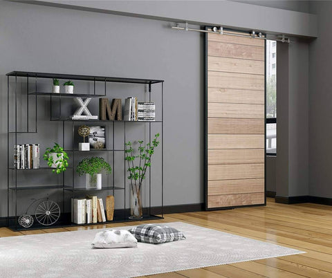 6Ft Stainless Steel Flat Roller Ceiling Mount Sliding Barn Door Hardware Kit Built Tough For 1 3 Eighth To 1 3 Fourth Inch Doors Heavy Duty Track System With Two Flat Rollers, Two Stoppers, Two 3Ft Tracks, Track Connector, And Round Brackets installed in modern living room.