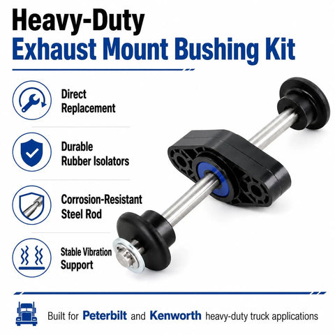 Premium Exhaust Mount Bushing Kit Replaces M136001 Fits Peterbilt 348 379 388 389 And Kenworth T600 T680 T800 W900 Truck Models With Rock Solid Hanger Support Bracket For Smooth Driving and Reliable Performance On The Road Today., heavy-duty exhaust mount bushing kit with steel rod and rubber isolators for Peterbilt and Kenworth trucks