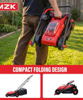 Person carrying Cordless 20V 13 Inch Brushless Electric Lawn Mower with compact folding design in a backyard setting.