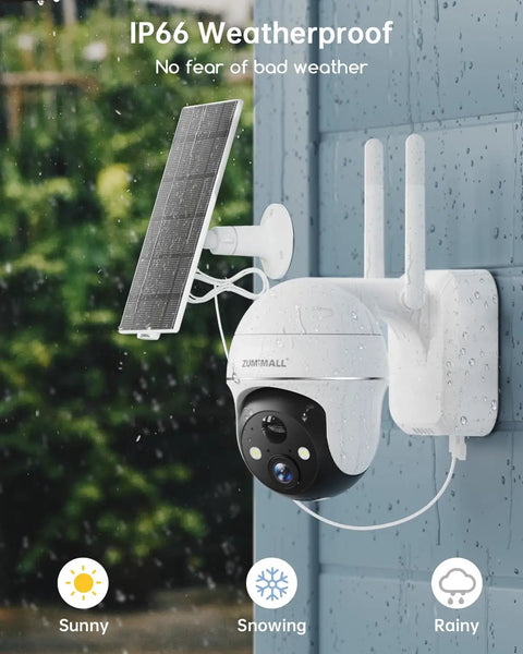 Solar Wireless Outdoor Security Camera With 360 Degree View 2K Color Night Vision 2 Way Talk PIR Motion Alerts Cloud Storage Alexa Compatible Solar Powered 2.4G WiFi Weatherproof No Fuss Setup mounted on a wall during rain