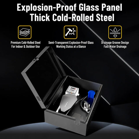 Heavy Duty Steel EV Charger Enclosure Weatherproof Outdoor Charging Station Box With Secure Keyless Combo Lock, opened view showing contents.