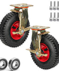 Beefed-Up Heavy Duty Caster Wheels Set with Top Plate Swivel for Industrial Carts, showing pneumatic rubber tires and hardware.