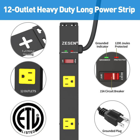 Heavy Duty 12 Outlet Power Strip With Wide Spaced Outlets 4 Foot Cord Surge Protector 1875W ETL Certified Auto Shutoff