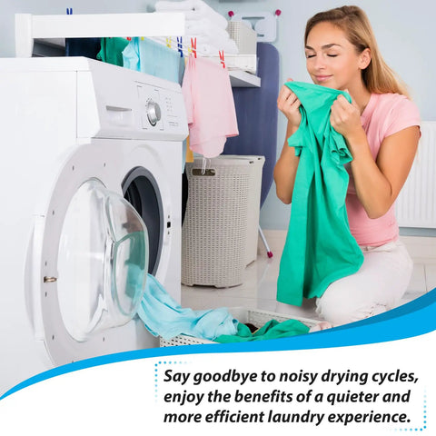 Woman enjoying laundry freshness near dryer after using Upgraded 4392067RC Dryer Repair Kit With WPW10314173 Drum Roller.
