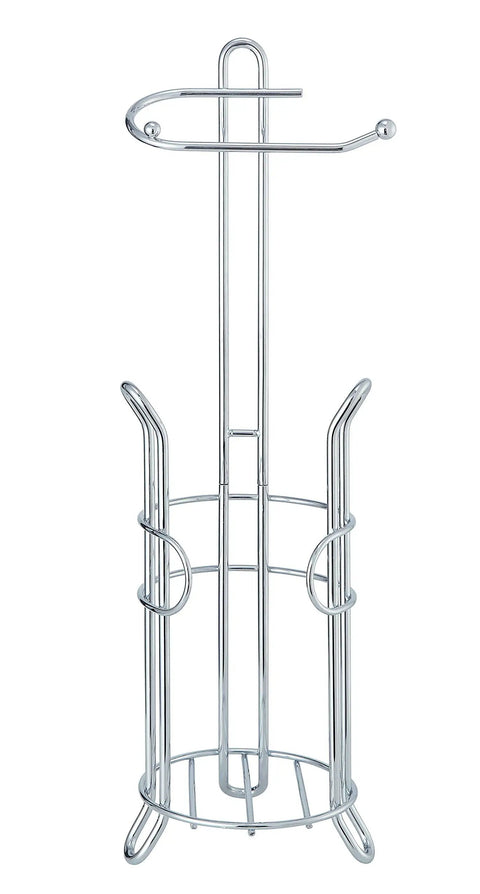 Freestanding Toilet Paper Holder With Storage Holds Three Spare Rolls Heavy Duty Steel Chrome Finish, compact design
