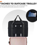 Underseat Travel Duffel Bag 18x14x8 Inches, 30L Personal Item Carry On attached to suitcase trolley, showing zippered pocket detail