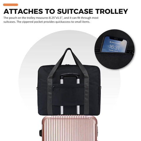 Underseat Travel Duffel Bag 18x14x8 Inches, 30L Personal Item Carry On attached to suitcase trolley, showing zippered pocket detail