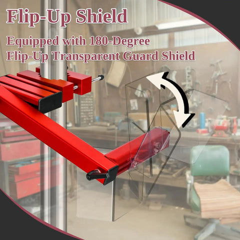 Adjustable Drill Press Guard Safety Shield with flip-up transparent guard fits 2 to 4 inch column diameter, shown in workshop.