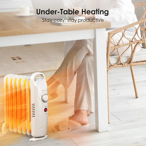 700W Portable Oil Radiator Heater For Small Rooms And Desks under table in an office setting