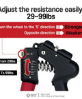 Close-up of adjustable hand grip strengthener with wide handles, showing resistance settings from 29 to 99 lb, black and red design.