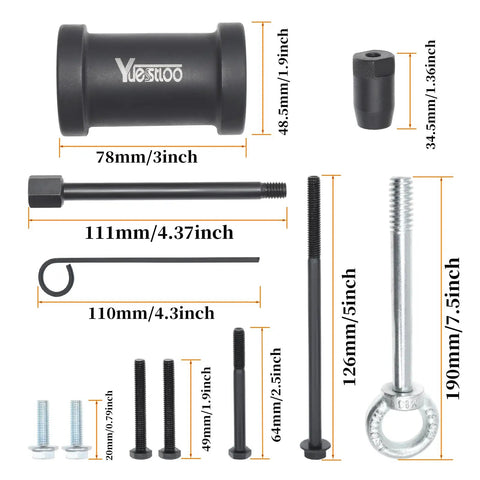 17 Piece Camshaft Alignment Timing Tool Kit For BMW N20 N26 Engines With Flywheel Holder Balance Shaft Tool Fuel Injector Removal Set Engine Lifting Hook Plus Comprehensive Tools Pack 212831 119340 212830 219548 with measurement details