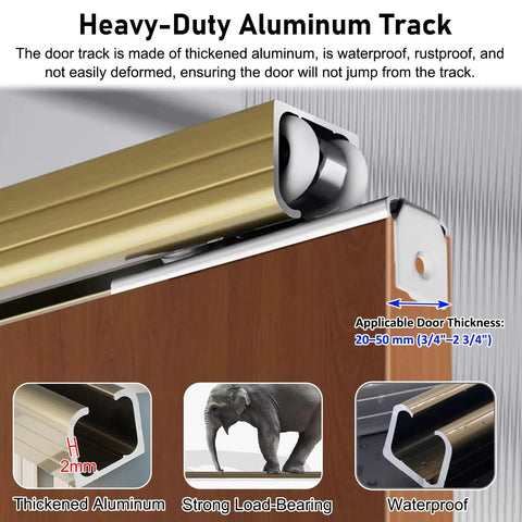 Heavy Gauge Aluminum Sliding Door Hardware Kit With Waterproof Overhead Track Featuring Dead Silent Dual Roller Carriages And Rust Proof Adjusted Rails For Smooth Barn Door Upgrades And No Sweat DIY Setups showing the thickened aluminum track