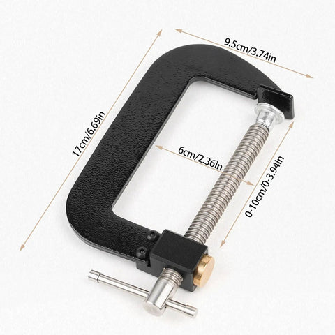 4 Inch Quick G Clamp With Metal Threaded Rod And Lightweight Alloy Parts For Grab-And-Go, Fast, Secure Woodworking Holds, 0-100mm Jaw Travel, Rapid Adjustment Design For DIY Projects And Small Shop Jobs. Black metal G clamp with threaded rod and 0-100mm jaw travel