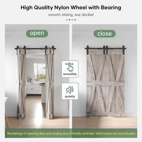 52 Inch Bifold Sliding Barn Door Hardware Track Kit With Side Mounted Black J Shape Rollers, demonstration of open and closed doors