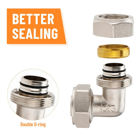 Three Quarters Inch Air Piping Fitting Elbow Kit For 200 PSI Pro Grade Nickel Plated Brass With Double O Ring, parts detailed