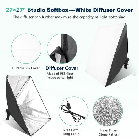 27x27 inch studio softbox with white diffuser cover, silk cover details, PET fiber material, long cable, and silver stone pattern interior.