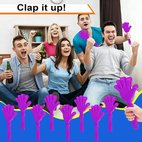 Group celebrating with Eight Piece Hand Clappers 7.5 Inch Clapping Noisemakers Plastic Noise Makers Mini Hand Soundboard Party Favors Clacker