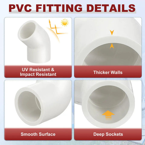 Half Inch 45 Degree PVC Elbow Fitting Four Pack SCH40 Socket To Socket, featuring UV resistance, thicker walls, deep sockets.