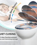 Elongated Toilet Seat Made From MDF Wood With Quiet Close And Quick Release Hinges No Fuss To Install And Clean Universal Fit For Most American Toilets Sky Blue showing soft close mechanism and user sleeping peacefully