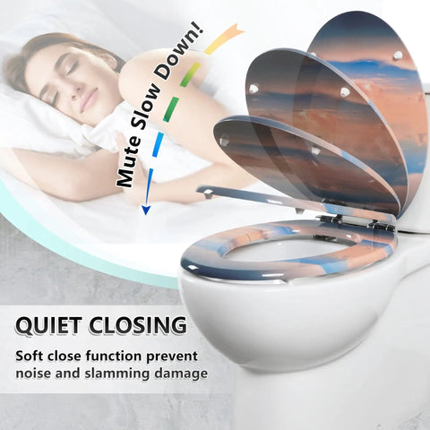 Elongated Toilet Seat Made From MDF Wood With Quiet Close And Quick Release Hinges No Fuss To Install And Clean Universal Fit For Most American Toilets Sky Blue showing soft close mechanism and user sleeping peacefully