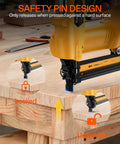 Premium Three In One Cordless Brad Nailer Featuring Zero Hassle Setup And Lightning Quick Firing Actions showing safety pin design for secured firing.