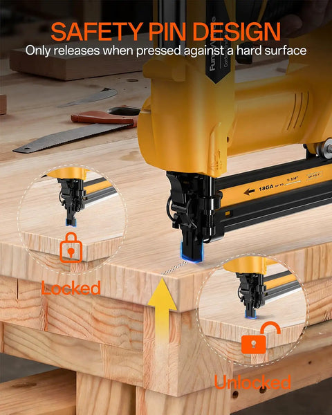 Premium Three In One Cordless Brad Nailer Featuring Zero Hassle Setup And Lightning Quick Firing Actions showing safety pin design for secured firing.