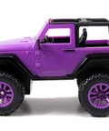 Purple Jeep Wrangler One Sixteenth Scale RC Car For Kids side profile with adjustable seat and 2.4GHz Radio Control, 10-inch doll fit