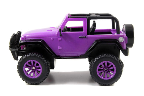 Purple Jeep Wrangler One Sixteenth Scale RC Car For Kids side profile with adjustable seat and 2.4GHz Radio Control, 10-inch doll fit