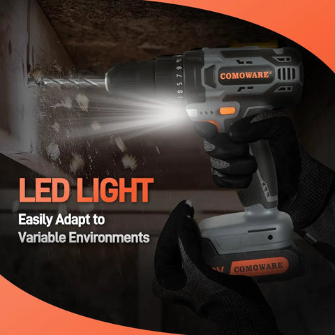 20V Cordless Drill Kit That Tackles Tough Jobs Like a Pro, Two-Speed Power Drill With Three-Eighths Inch Keyless Chuck, 266 In-Lb Torque, 25+1 Position Clutch, Includes Battery and Charger, Great for DIY, Home Improvement, Orange and More with LED light in action