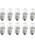 Hella Bright E10 Screw Base Miniature Bulbs 24 Volts 2 Watts Warm Yellow Lamp Replacement For Flashlights Circuit Boards And Indicator Lights 10 Pack Set arranged in a group.