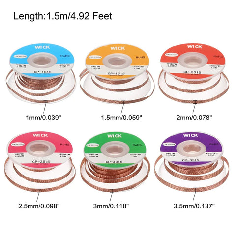 Desoldering Wick Braid For Electronics No Clean Solder Removal Oxygen Free Copper in various widths and colorful reels.