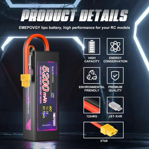 Image showing 11.1V 3S 5200mAh 80C RC Battery With Beefy Hard Case And XT60 Connector For One Eighth And One Tenth Scale RC Cars.