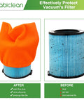 Reusable Vacuum Filter Cover For Wet Dry Vacuums, 4 Pack, Elastic Pre Filter Shield, orange cover on blue filter