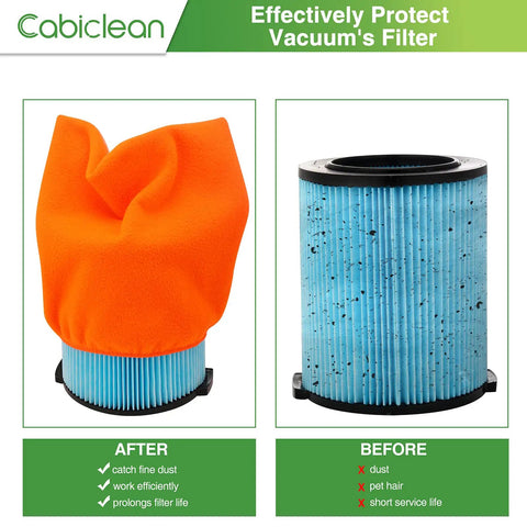 Reusable Vacuum Filter Cover For Wet Dry Vacuums, 4 Pack, Elastic Pre Filter Shield, orange cover on blue filter