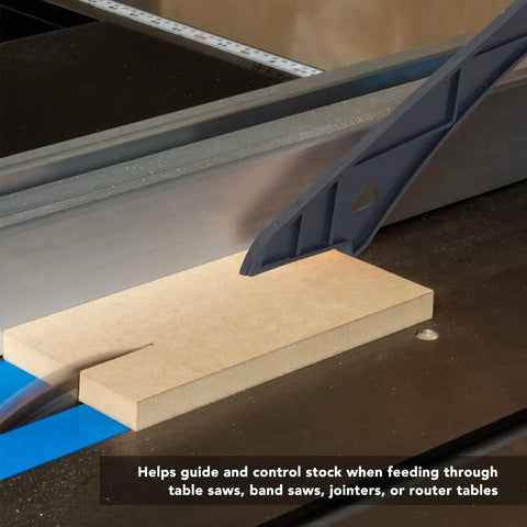 Ergonomic Push Stick For Table Saw, Band Saw, And Miter Saw For Safe, Precise Cuts With High Visibility shown guiding wood